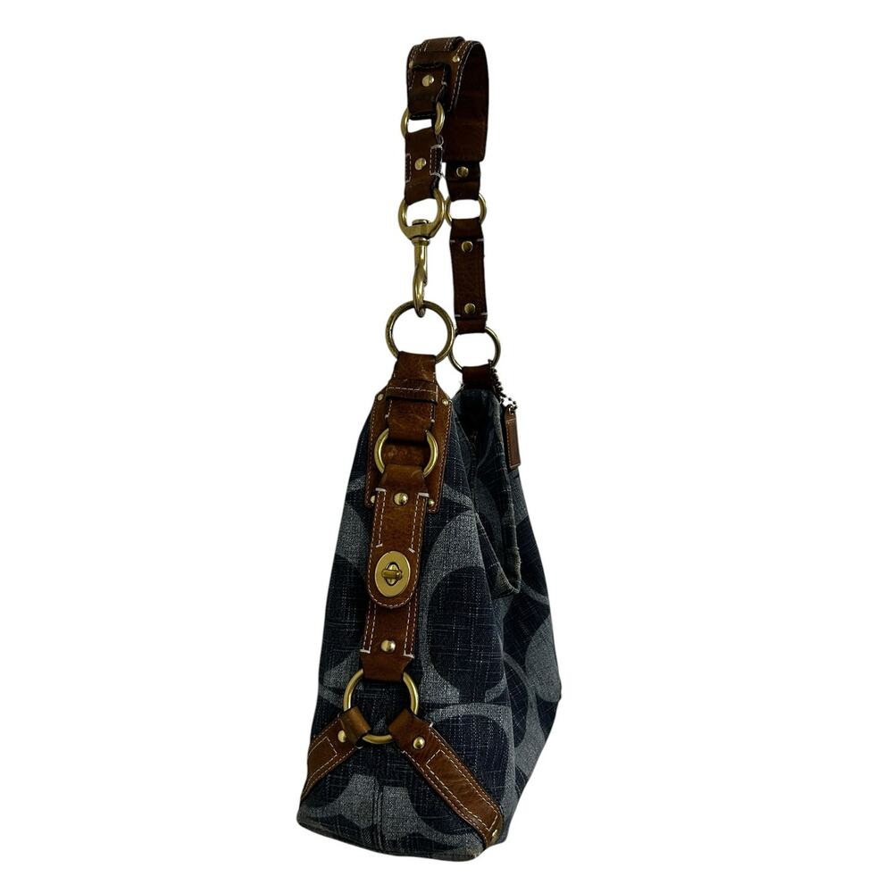Y2K Coach Signature Print Carly Denim Hobo Brown Leather Trim Shoulder Bag - Picture 3 of 11
